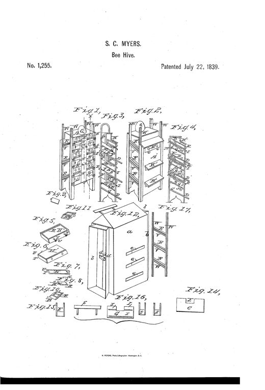 Patent drawing of a tall wooden multi-chamber beehive shown in exploded perspective, with labeled drawers, inclined ceilings, sliding tin gates, and an outer protective case for winter insulation.