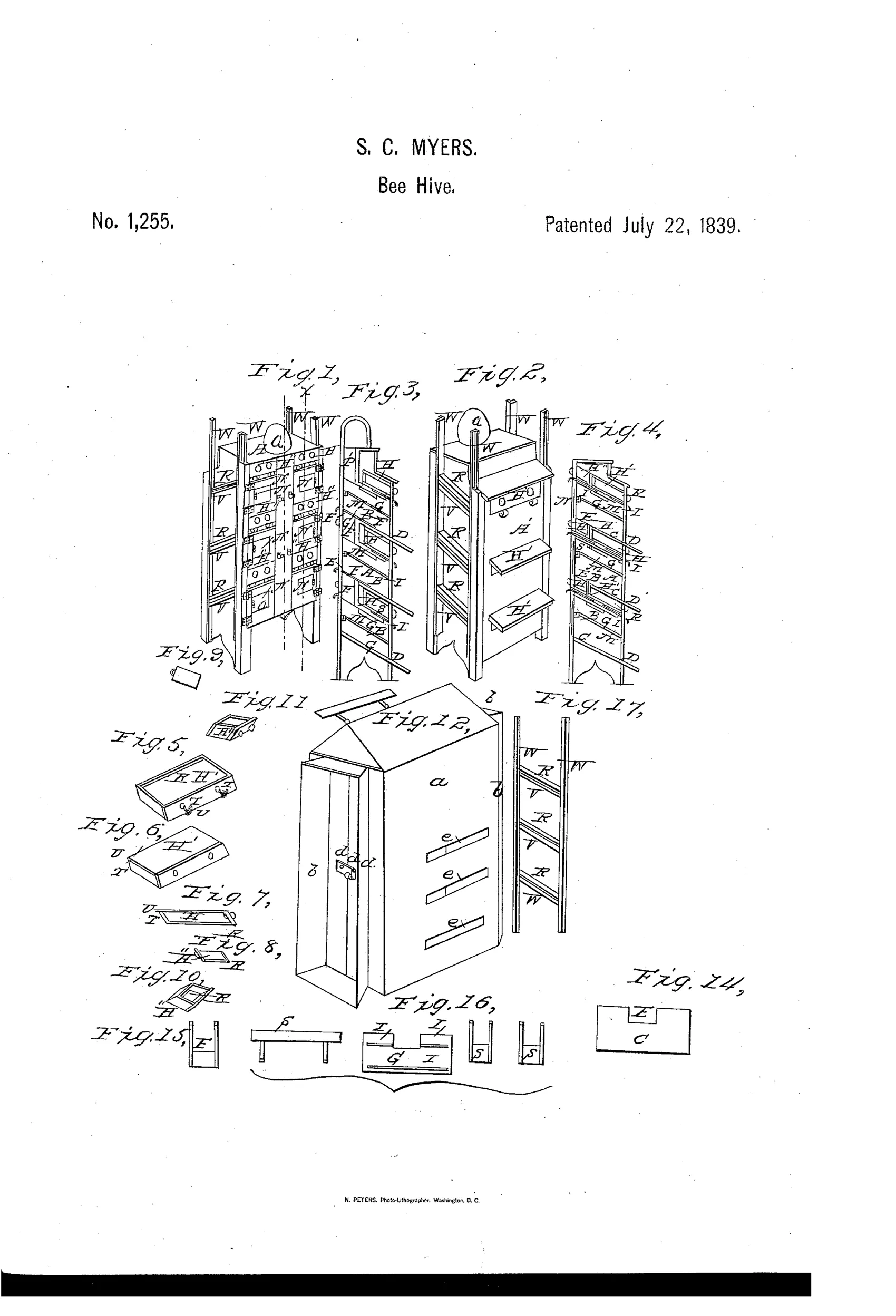 Patent drawing of a tall wooden multi-chamber beehive shown in exploded perspective, with labeled drawers, inclined ceilings, sliding tin gates, and an outer protective case for winter insulation.