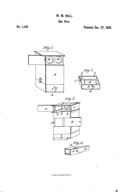 Line drawing of a square wooden beehive with a peaked lid, side entrance holes, a honey-drawer chamber on top labeled B,B, and a hinged inclined-plane base below labeled A, C, D shown both assembled and in exploded detail views.