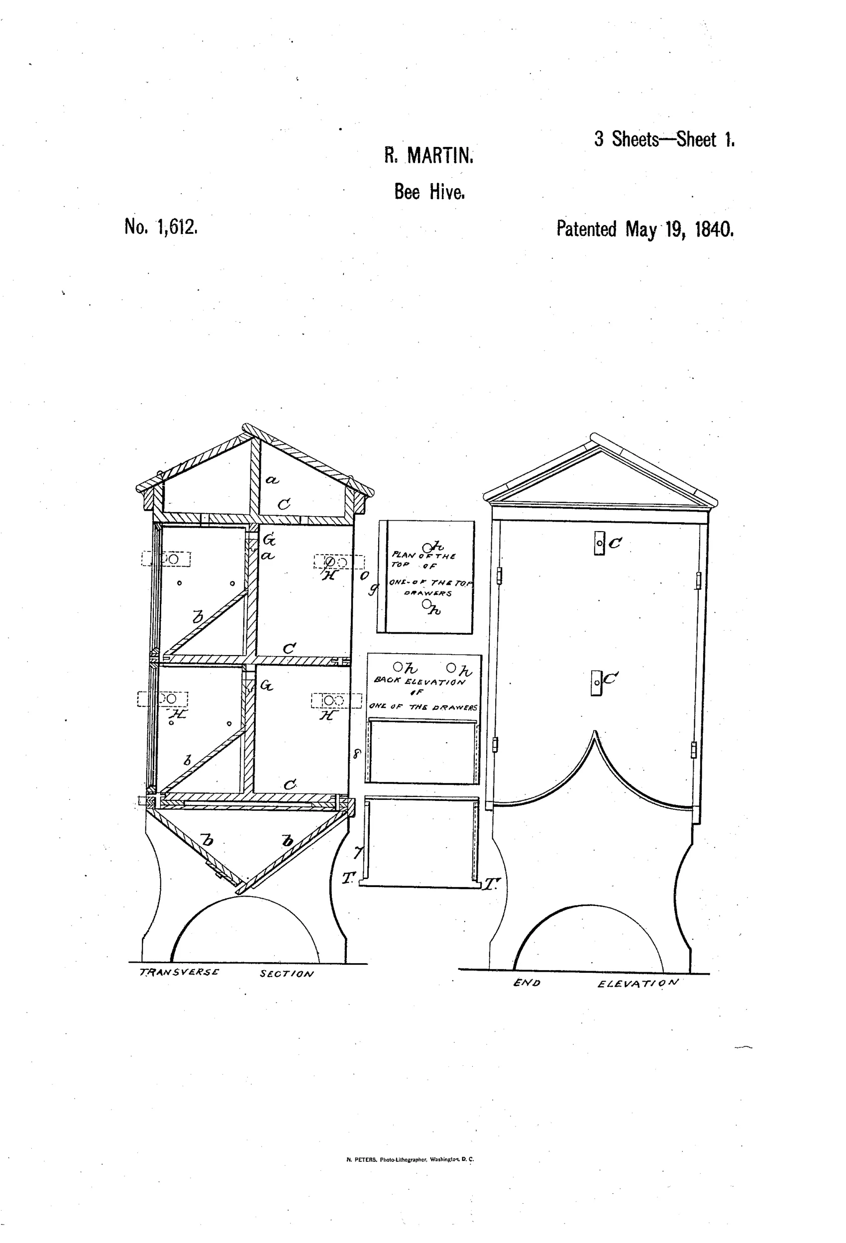 Patent drawing of a house-shaped wooden beehive with a peaked roof, showing a cutaway transverse section revealing internal drawers, sliding gates, and chambers, alongside an end elevation view with decorative bracket-shaped legs.
