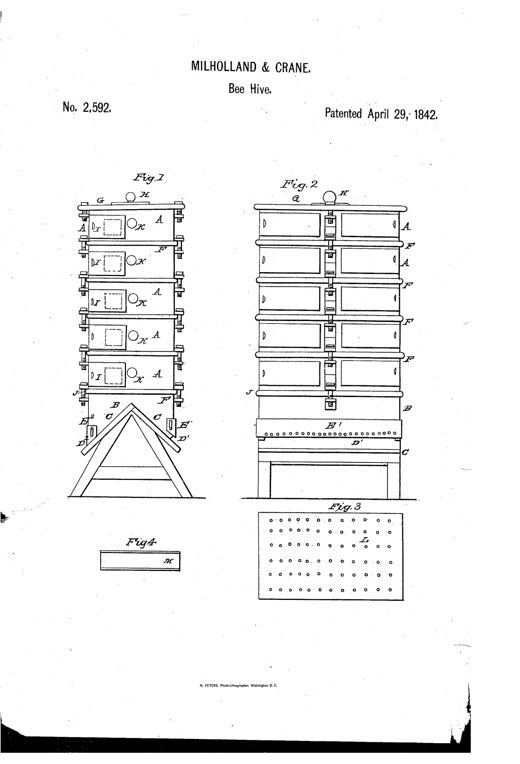 Patent drawing of a tall stacked beehive made of multiple rectangular boxes with small windows, topped by a peaked roof, alongside a perforated slide plate and a small tube.