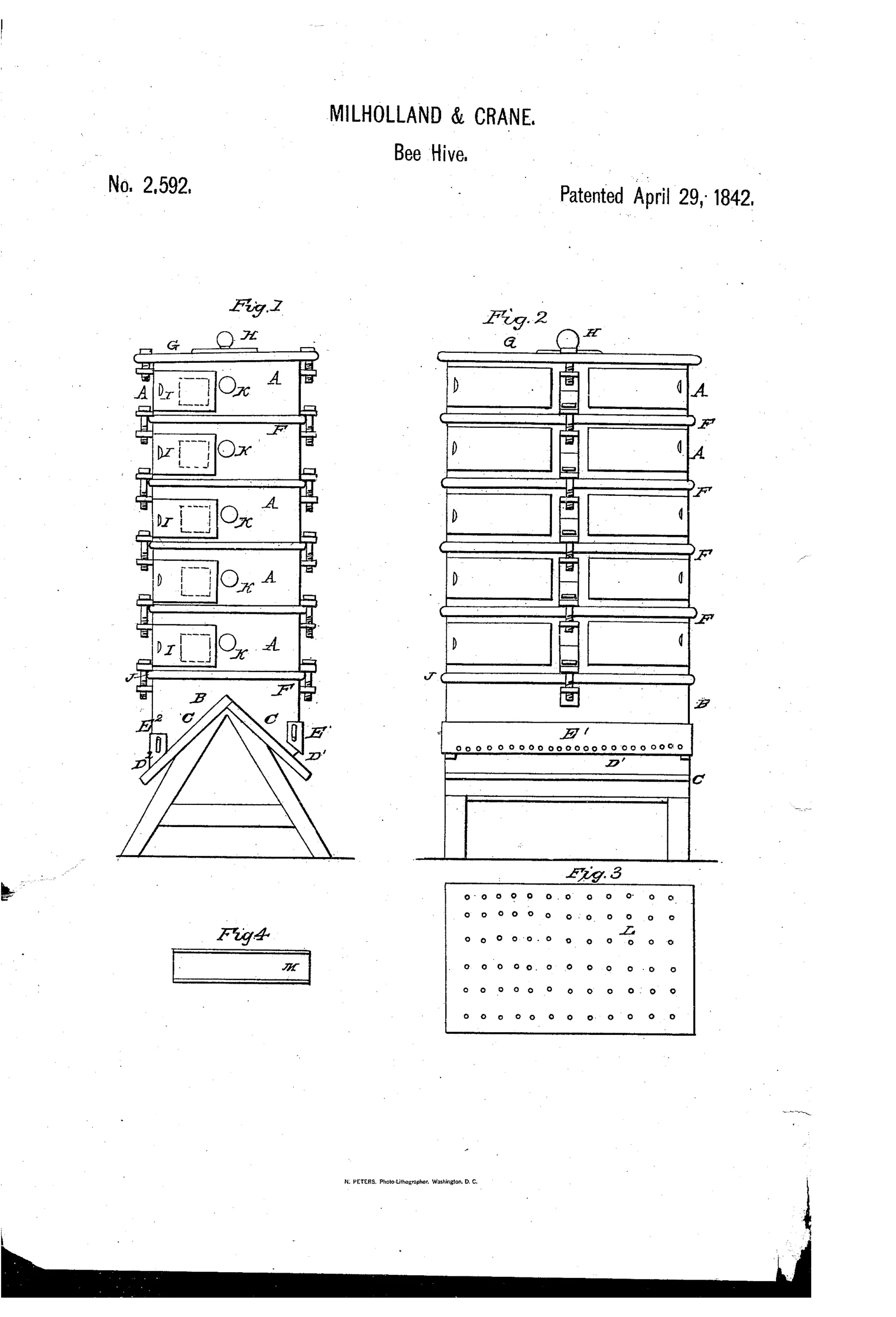Patent drawing of a tall stacked beehive made of multiple rectangular boxes with small windows, topped by a peaked roof, alongside a perforated slide plate and a small tube.