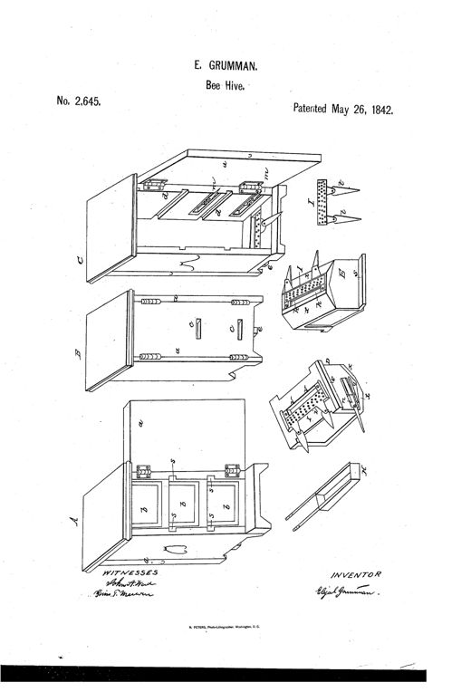 Exploded technical drawing of a wooden beehive showing stacked sliding boxes with glass sides, perforated tin slides, sliding doors, and a separate ash-filled worm trap box beneath the stack.