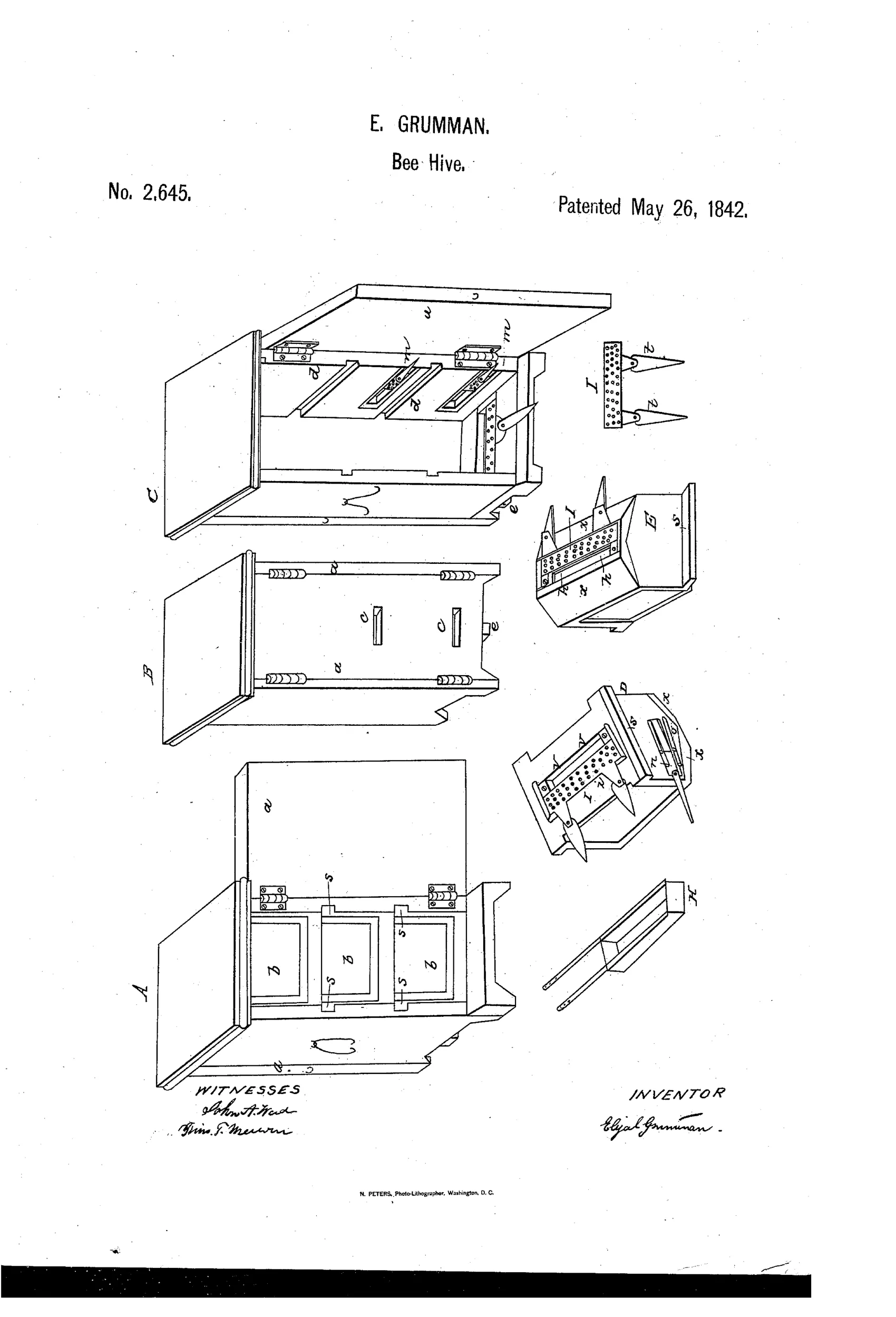 Exploded technical drawing of a wooden beehive showing stacked sliding boxes with glass sides, perforated tin slides, sliding doors, and a separate ash-filled worm trap box beneath the stack.