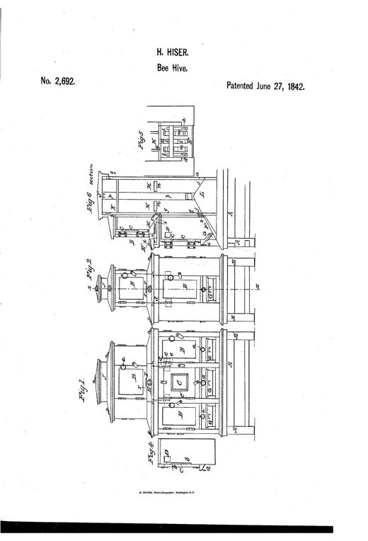 Technical patent drawing of a multi-story wooden beehive with labeled drawers, sliding doors, glass panels, and a central vertical passage connecting twelve compartments.
