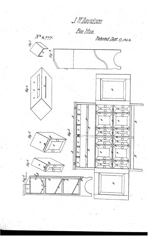 Patent drawing of a bureau-like wooden beehive with a front elevation showing rows of square honey drawers and boxes arranged in a grid, plus separate detail views of individual drawers, boxes, and a hinged lid roof.
