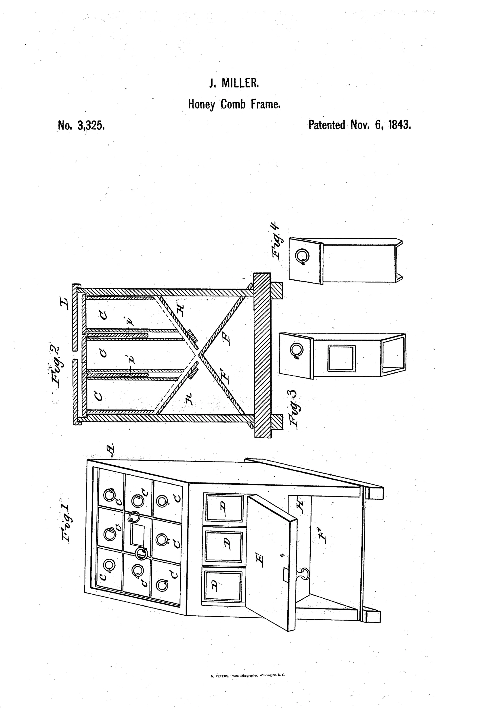 Line drawing of a rectangular wooden beehive with its top removed, showing rows of hanging comb-cell boxes inside, a hinged front door, and two smaller perspective details of individual suspended cell units with ring pulls.