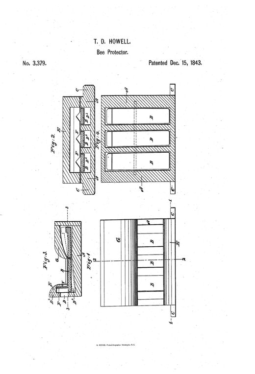 Patent drawing of Thomas D. Howell's bee protector showing a grooved base board with weighted, pivoting trap-boards labeled B, covered by hollow caps D and G, with glass or gauze panels E and F, illustrated in top view and three sectional views.