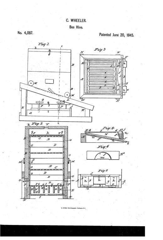 Patent drawing sheet showing six labeled figures of a wooden beehive: a side elevation with inclined ramps and wheels, a vertical cross-section revealing stacked slatted boxes, a top view of a drone-chamber base with parallel bars, and detail views of an inclined bottom board, a semicircular entrance cap, and a front panel with sliding doors.