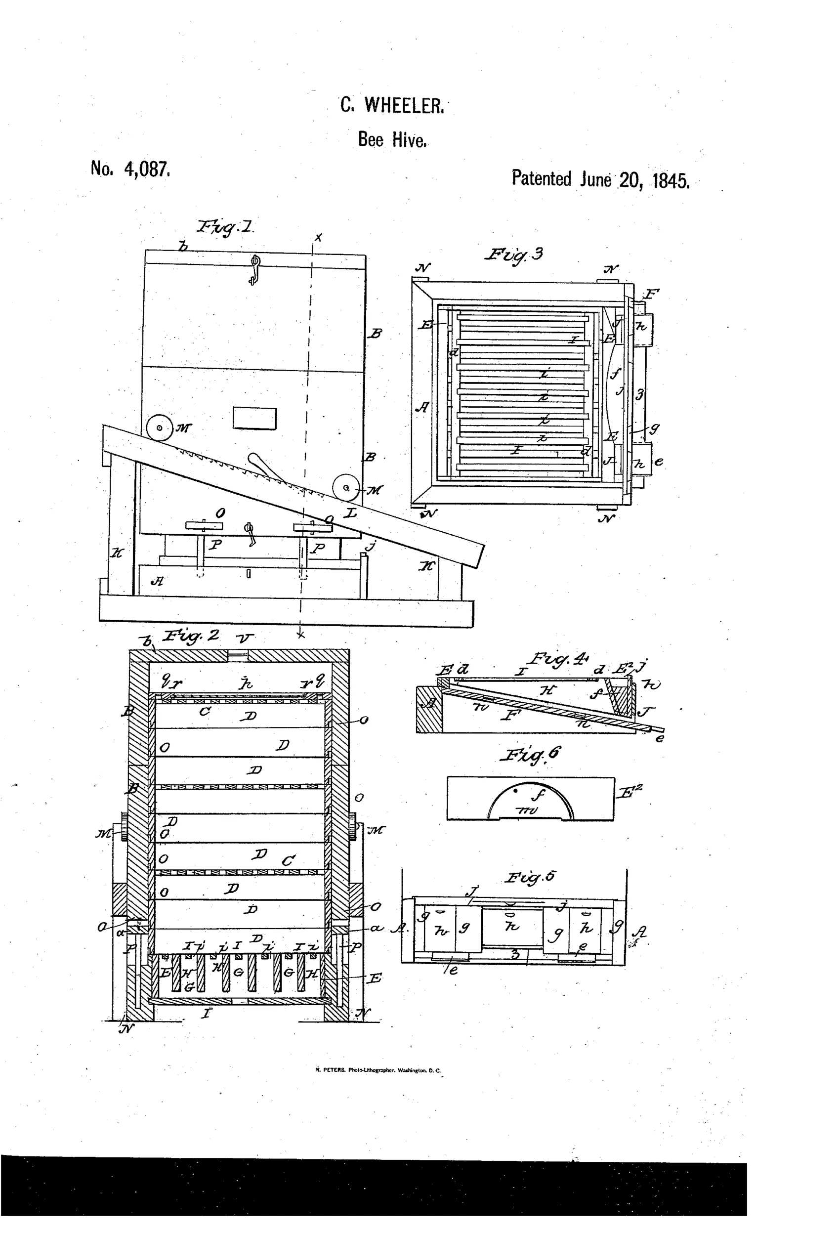 Patent drawing sheet showing six labeled figures of a wooden beehive: a side elevation with inclined ramps and wheels, a vertical cross-section revealing stacked slatted boxes, a top view of a drone-chamber base with parallel bars, and detail views of an inclined bottom board, a semicircular entrance cap, and a front panel with sliding doors.