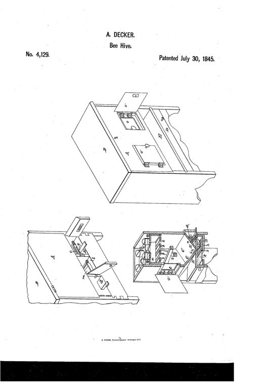 Patent drawing of a wooden 'bee palace' beehive shown in three perspective views: a full exterior box with hinged lid and rear windows, a front detail with sliding drawer and inclined entrance planes, and a cutaway section revealing internal compartments, tubes, and honeycomb-lined passages labeled with letters A through m.