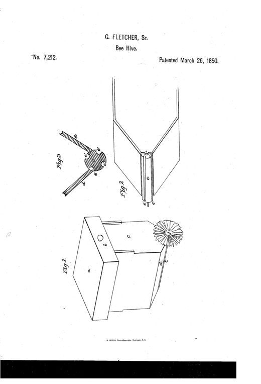 Three technical line drawings of an 1850 beehive: a perspective view of the boxy hive body with a wind vane wheel mounted at the rear corner, a bottom view showing the two converging inclined planes forming the floor with a fluted roller between them, and a cross-sectional detail of the grooved roller sitting between the sloped surfaces.
