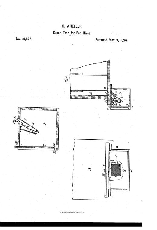 Three patent line drawings show a rectangular wooden drone-trap box attached to the side of a beehive, featuring a sliding glass front, an inclined reticulated metal tube with hinged valves labeled F, G, and H, and escape passages marked A, B, C, D, and E for working bees.