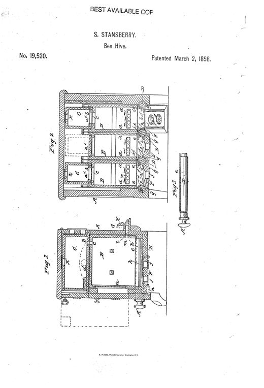 Patent drawing of a wooden beehive case containing three stacked hive boxes with small spare honey boxes on top, rotating cylinders set into curved concave seats near the entrance, and a detailed side view of one cylinder and its bisected concave below.