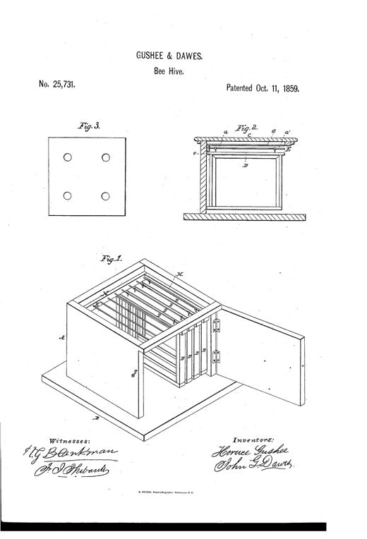 An exploded perspective drawing of a wooden beehive box with one door open, showing rows of sliding comb-frames suspended on rods inside, alongside a cross-section detail and a small honey-board with four round holes.