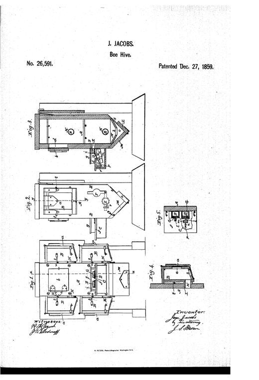 Nineteenth-century patent drawing showing five views of a wooden beehive: a front elevation with paired honey-boxes flanking a central brood chamber, a side elevation, an internal cross-section revealing a hopper-shaped bottom and a pivoted valve-pedal entrance mechanism, a honey-box cross-section, and a detail plan of the valve assembly.