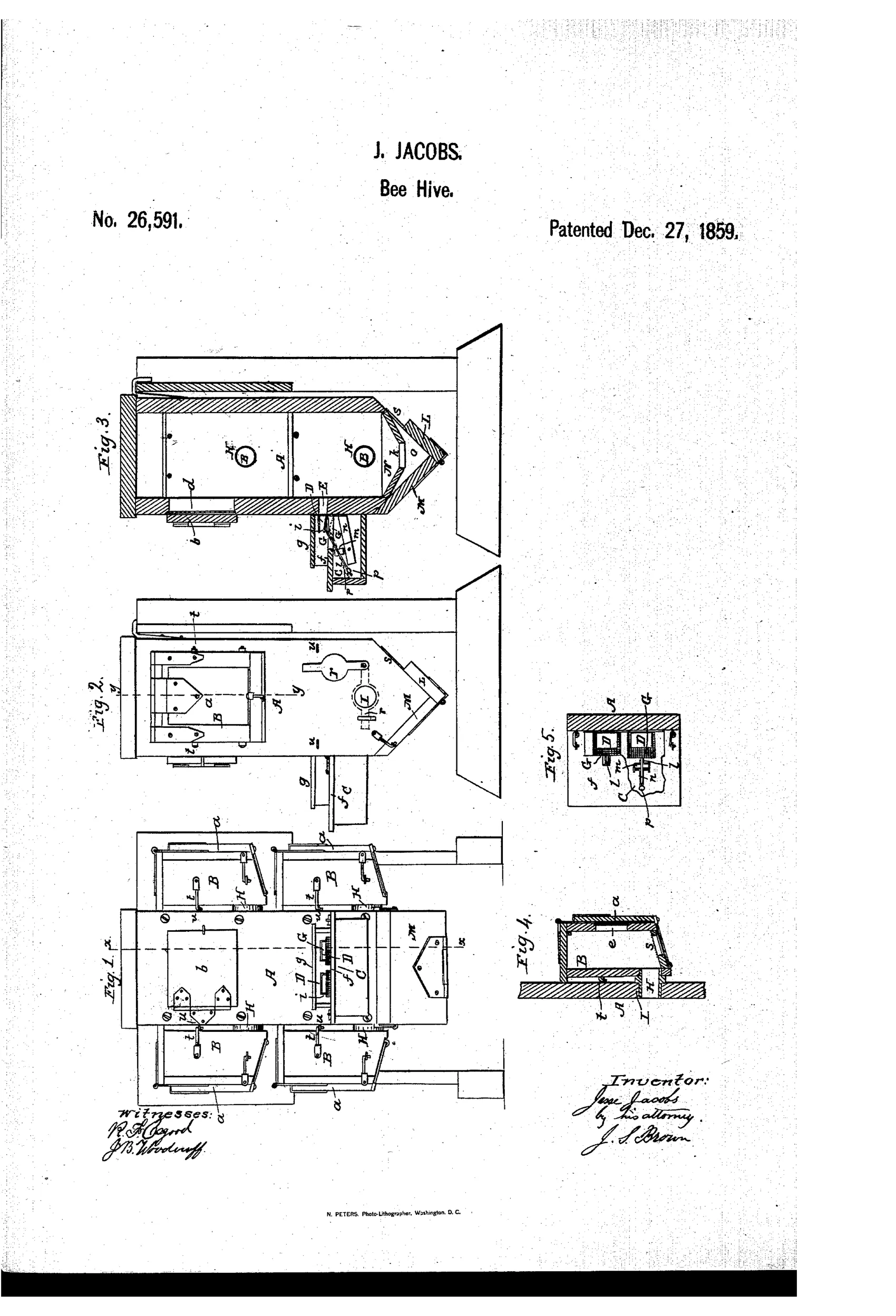 Nineteenth-century patent drawing showing five views of a wooden beehive: a front elevation with paired honey-boxes flanking a central brood chamber, a side elevation, an internal cross-section revealing a hopper-shaped bottom and a pivoted valve-pedal entrance mechanism, a honey-box cross-section, and a detail plan of the valve assembly.