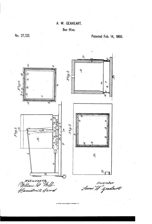 Patent drawing of a wooden beehive showing a front elevation with a sliding door operated by cords and levers, a plan view of the supporting platform, a cross-sectional view revealing copper and zinc strips lining the hive's base, and an underside plan of the hive body.
