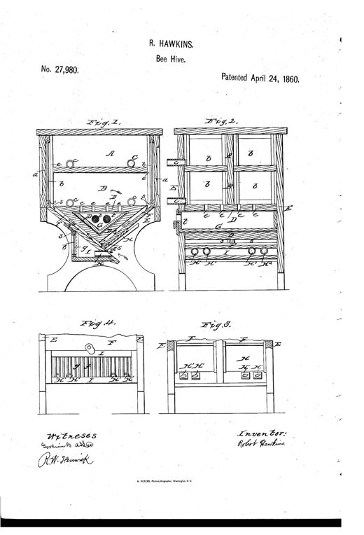 Patent drawing of a wooden beehive shown in four sectional and elevation views, revealing internal chambers, a V-shaped bottom feed drawer, tubes, and a triangular insect trap with glass panel.