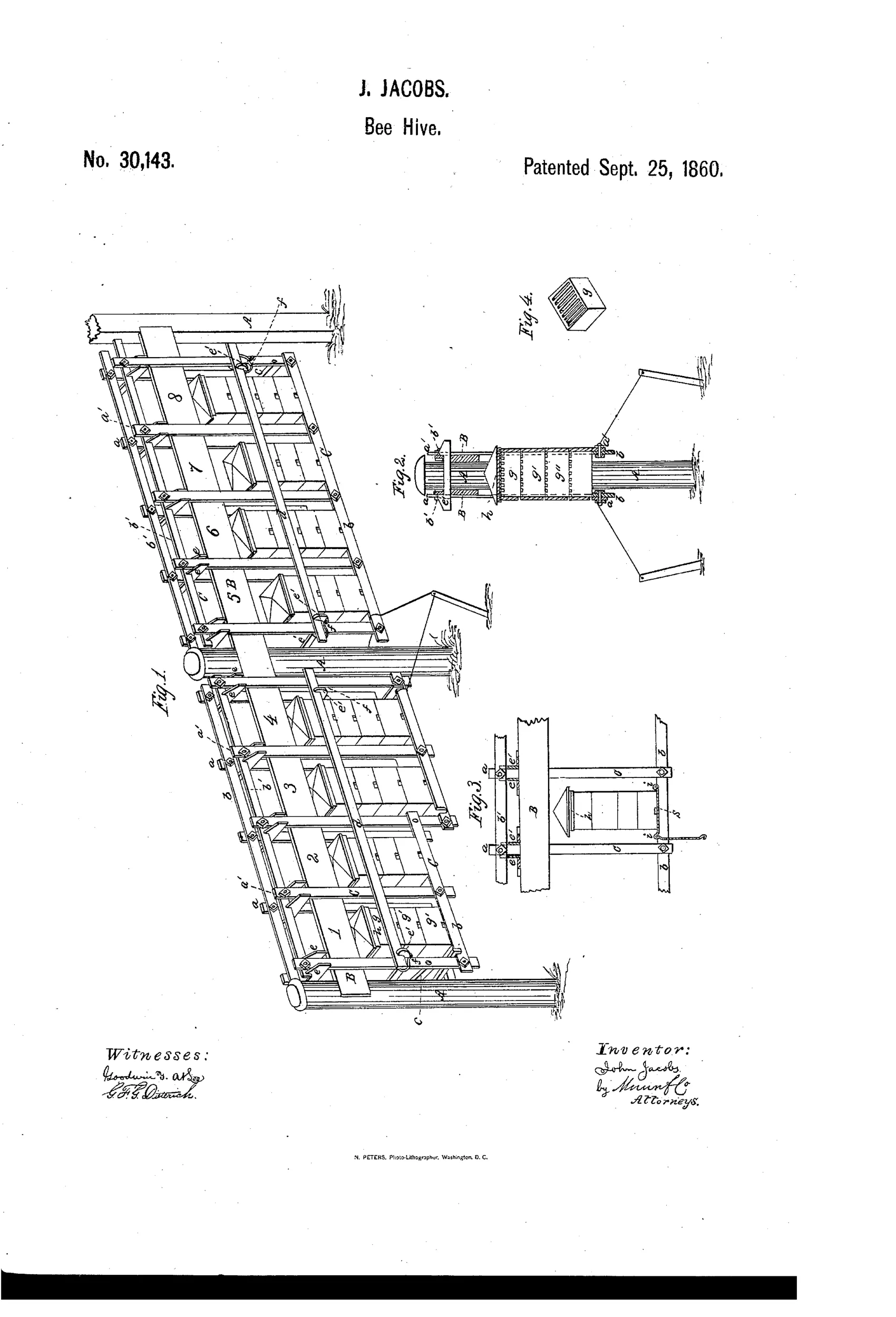 Patent drawing showing an angled perspective of a multi-tiered wooden bee hive stand with numbered stacked frames and hive sections, alongside smaller cross-sectional detail views of the joists, cross pieces, and a single cubic hive section.