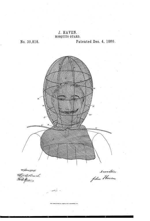 Patent drawing of a head and shoulders covered by a cross-hatched netting held out by a whalebone frame, labeled with letters a, b, c, and f, tied at the neck with a drawstring.