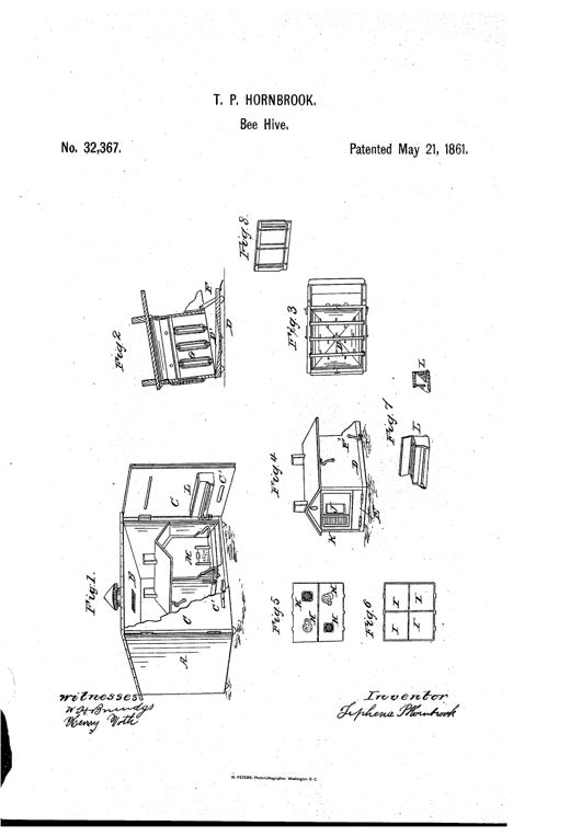 Patent drawing showing a wooden beehive with hinged door open to reveal comb frames inside an outer protective case, plus detail views of the feeding box, honey boxes, comb frame, and ventilator floor.