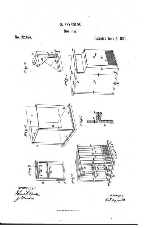 Patent drawing sheet showing seven figures of a wooden beehive, including an assembled exterior view, an interior arrangement of comb-section frames with tubes and slats, a detached comb-section frame with slots for glass slides, a double-glass insulating partition, a tongue-and-groove joint detail connecting the sides and bottom with strap iron, a cross-section of the front wall and hanging moth trap, and a front interior perspective view of the hive box with hooks and boards labeled with reference letters.