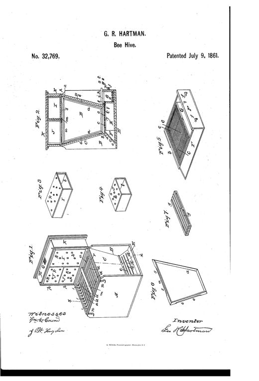 Patent drawing showing an exploded perspective of a beehive with trapezoidal comb frames, a sliding miller/feed drawer with wire gauze cover, honey boxes with glass sides, and a top case, labeled with reference letters throughout.