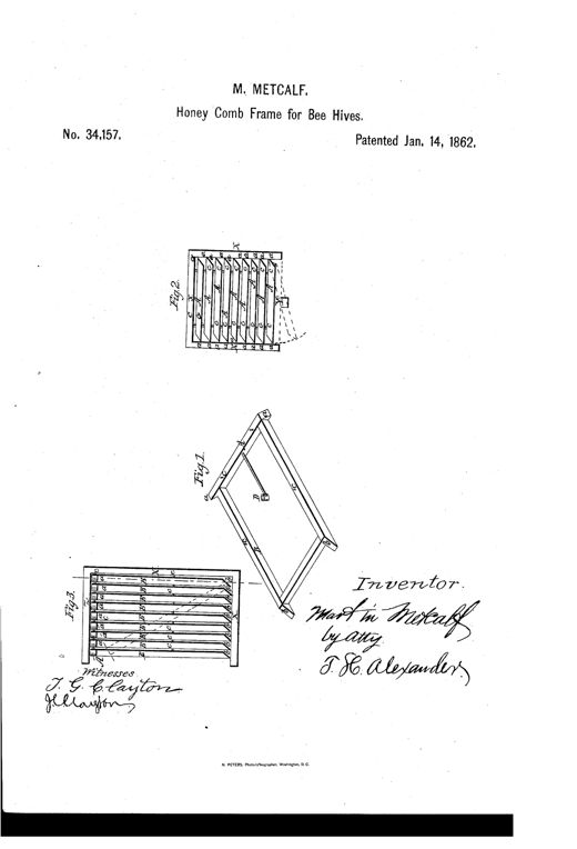 Patent drawing showing a diamond-shaped beveled bee-hive frame (Fig. 1), a plan view of several such frames arranged side by side in a rectangular hive box (Fig. 2), and a side view of the frames stacked with beveled feet (Fig. 3), alongside the inventor's signature and witnesses.