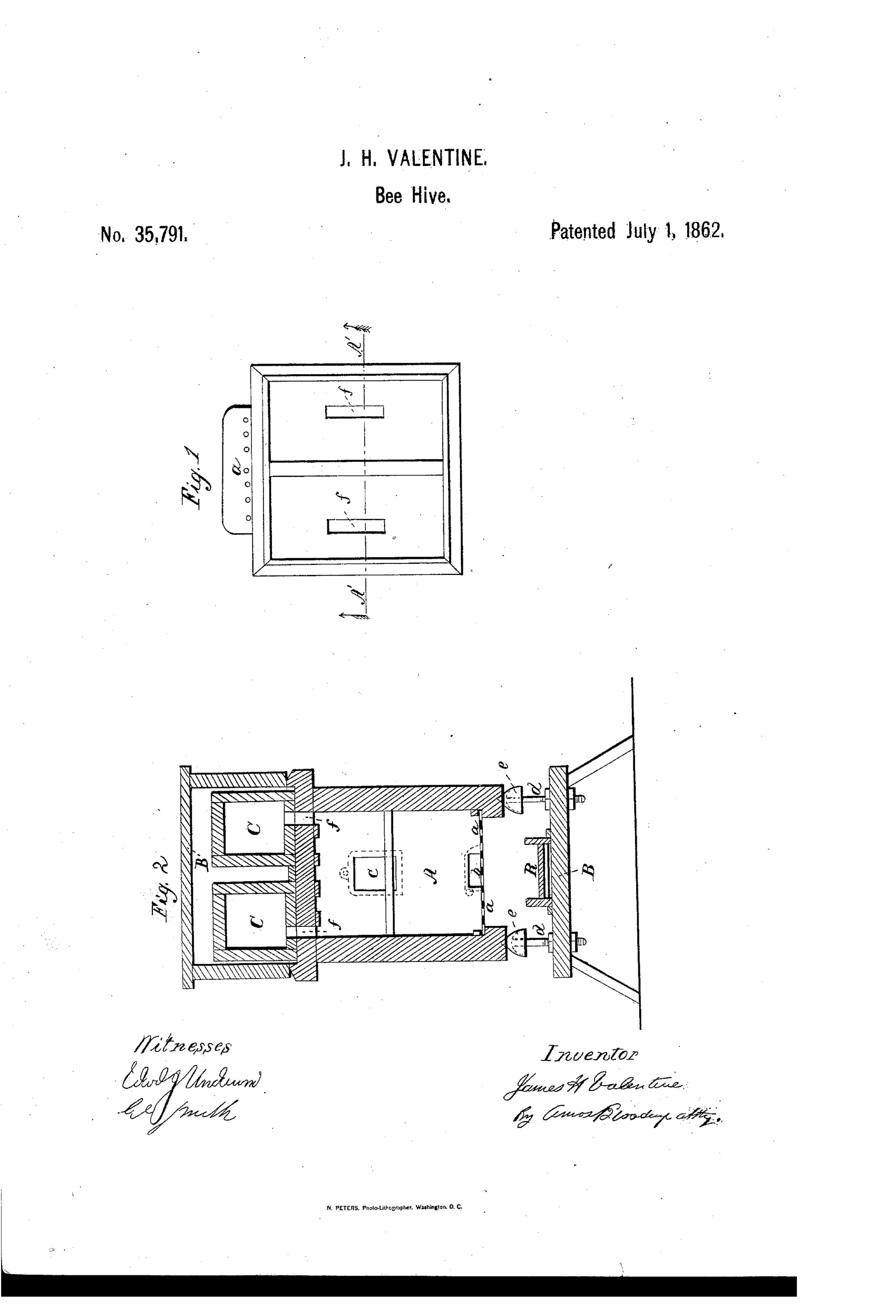 Patent drawing of a wooden bee hive shown in top view and cross-section, with honey boxes on top, a perforated landing plate at the entrance, and the hive resting on a bench supported by pins topped with inverted acorn-shaped glass bulbs to block moths.