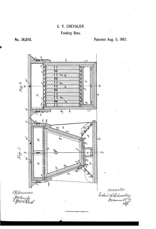 Patent drawing showing two vertical sections of a wooden bee-hive: Fig. 2 depicts a top view with parallel slatted comb-frames and side ventilator boxes, while Fig. 1 shows a front cross-section with a triangular internal frame, side honey boxes, and a lower feed drawer with labeled parts.