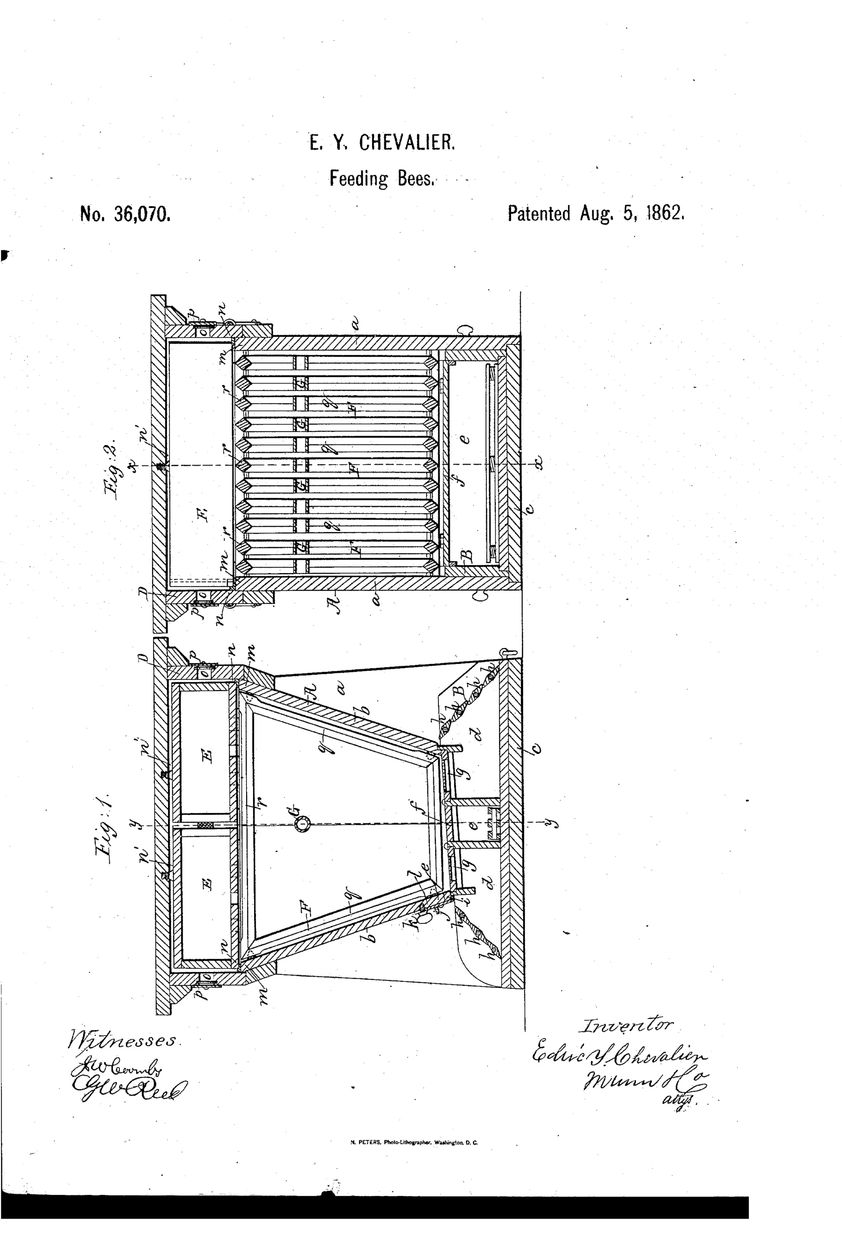 Patent drawing showing two vertical sections of a wooden bee-hive: Fig. 2 depicts a top view with parallel slatted comb-frames and side ventilator boxes, while Fig. 1 shows a front cross-section with a triangular internal frame, side honey boxes, and a lower feed drawer with labeled parts.