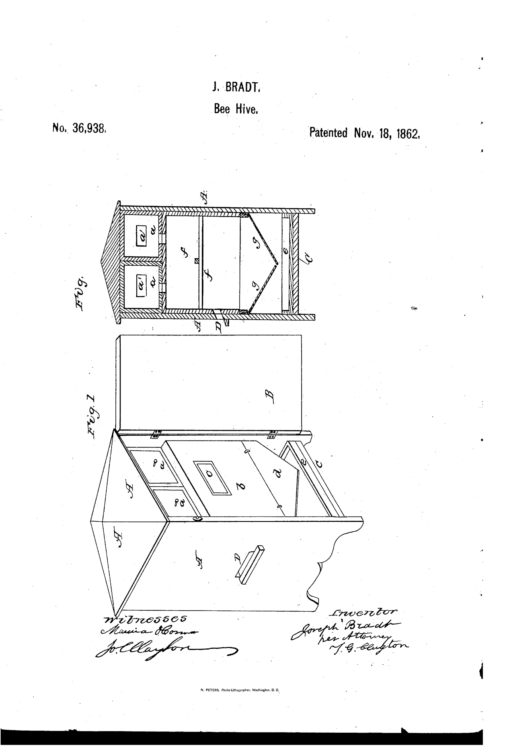 A patent drawing showing two views of a wooden bee hive: a full perspective view with the door open revealing internal glass-fronted honey boxes and comb bars, and a cross-sectional side view showing the inclined metal bottoms leading to a bottom drawer.