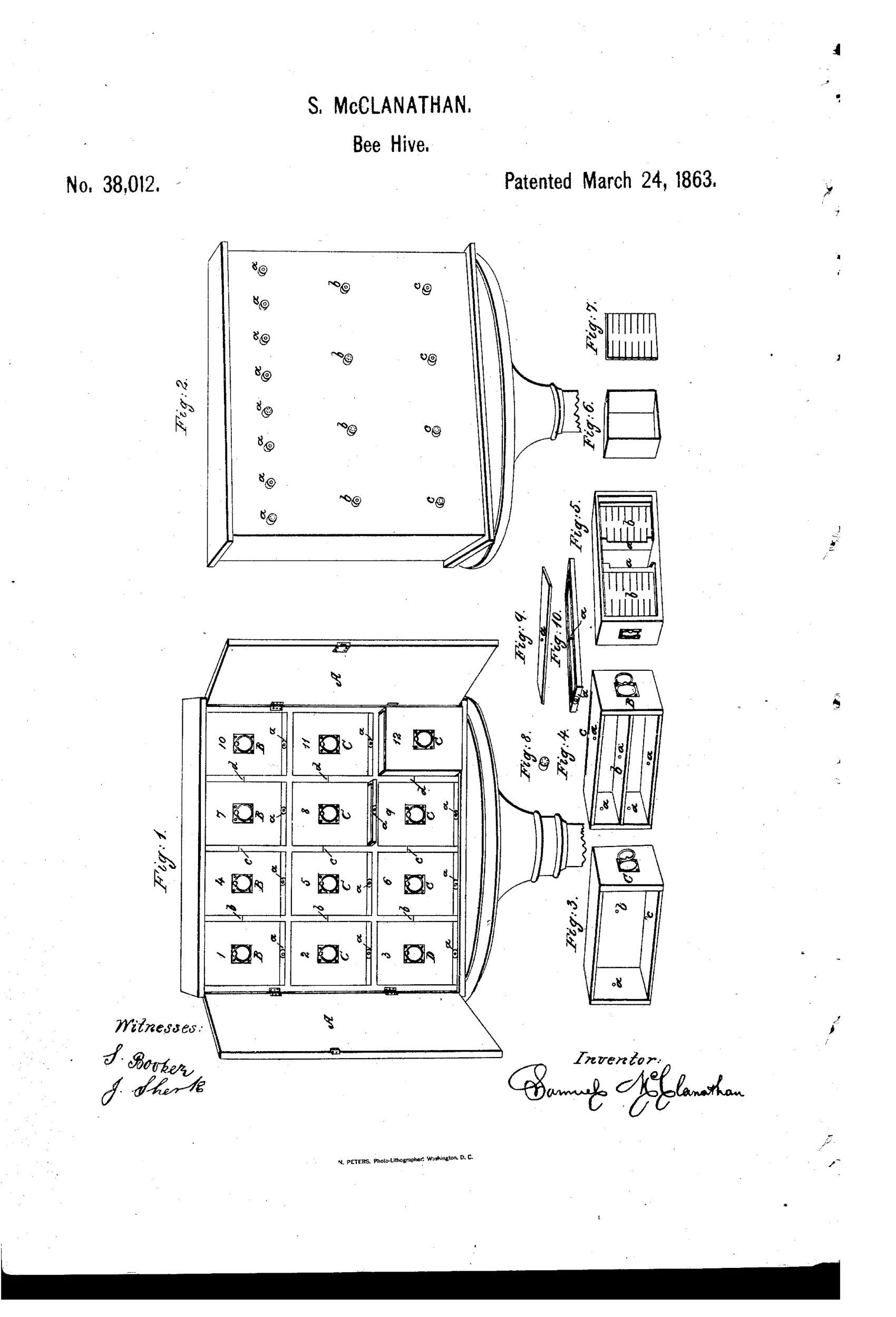 Patent drawing of a large wooden beehive with a hinged lid, front doors open to reveal twelve labeled square drawers arranged in a four-by-three grid, each with a small round entrance hole, alongside smaller detail drawings of a bee-feeder, tin box, slitted board, ventilator cap, and litter-removal slide.