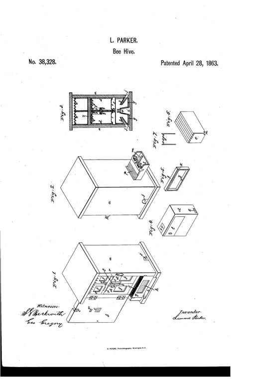 Patent drawing sheet showing seven labeled figures of a wooden beehive, including exterior perspective views with sliding doors, an interior sectional view revealing the miller-trap and brood chambers, a removable brood-comb frame, and a corrugated-top surplus-honey box.