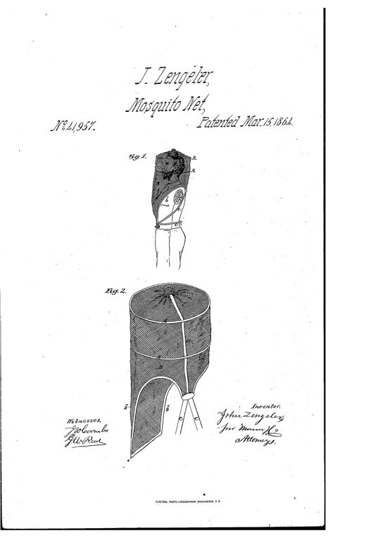 Patent drawing showing a hooped mosquito net worn over a person's head and shoulders in Fig. 1, and a detached perspective view of the netting cylinder with hoops and tie straps in Fig. 2.