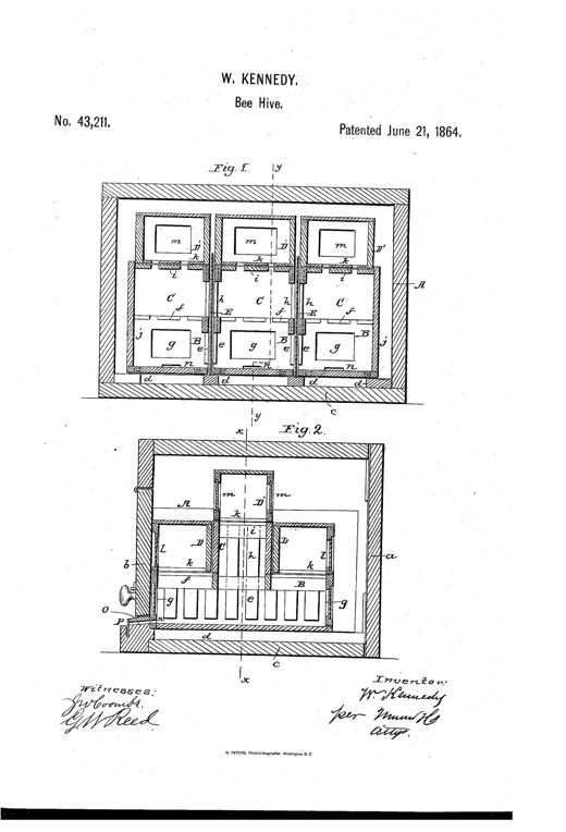 Two labeled cross-section drawings of a wooden bee hive case showing three side-by-side comb boxes topped with smaller glass-sided surplus honey boxes, with entrance slides and cleats at the base.
