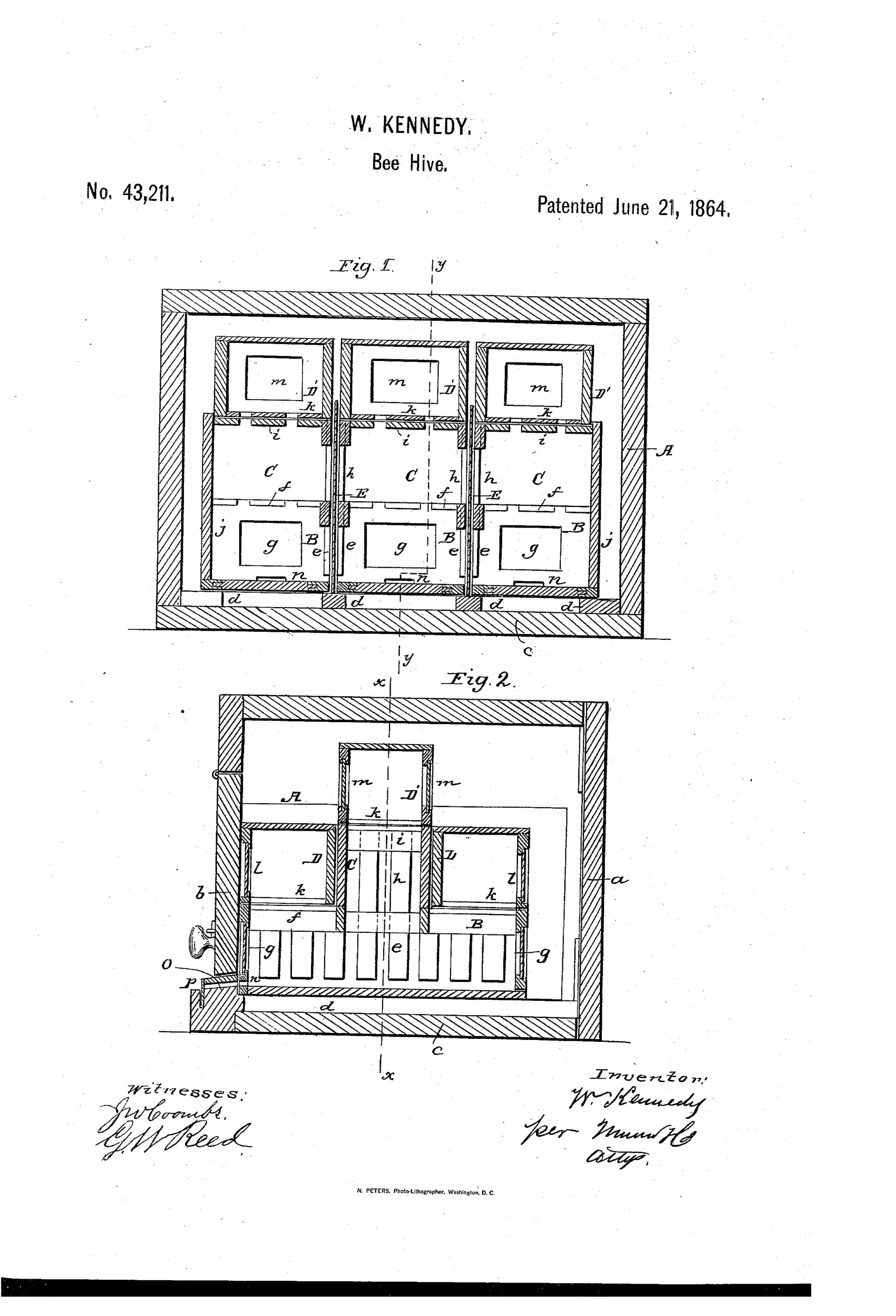 Two labeled cross-section drawings of a wooden bee hive case showing three side-by-side comb boxes topped with smaller glass-sided surplus honey boxes, with entrance slides and cleats at the base.