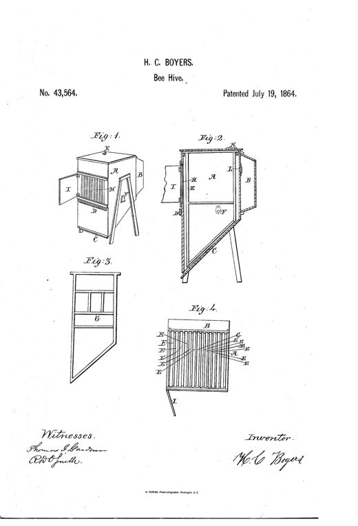 Patent drawing of a wooden beehive with a sloping bottom, a rear knapsack extension, a glass-covered inspection window with sliding door, a moth-poison trough at the base, and interior sections showing rows of removable comb sashes.