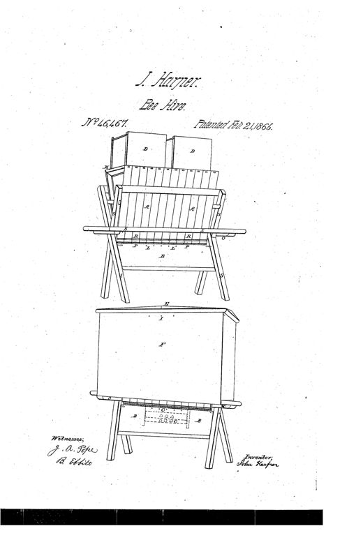 Patent drawing of a wooden beehive showing a bank of triangular comb-bearer frames mounted on an X-shaped trestle stand, with two honey boxes on top, and below it a separate hinged-roof house covering a similar stand.