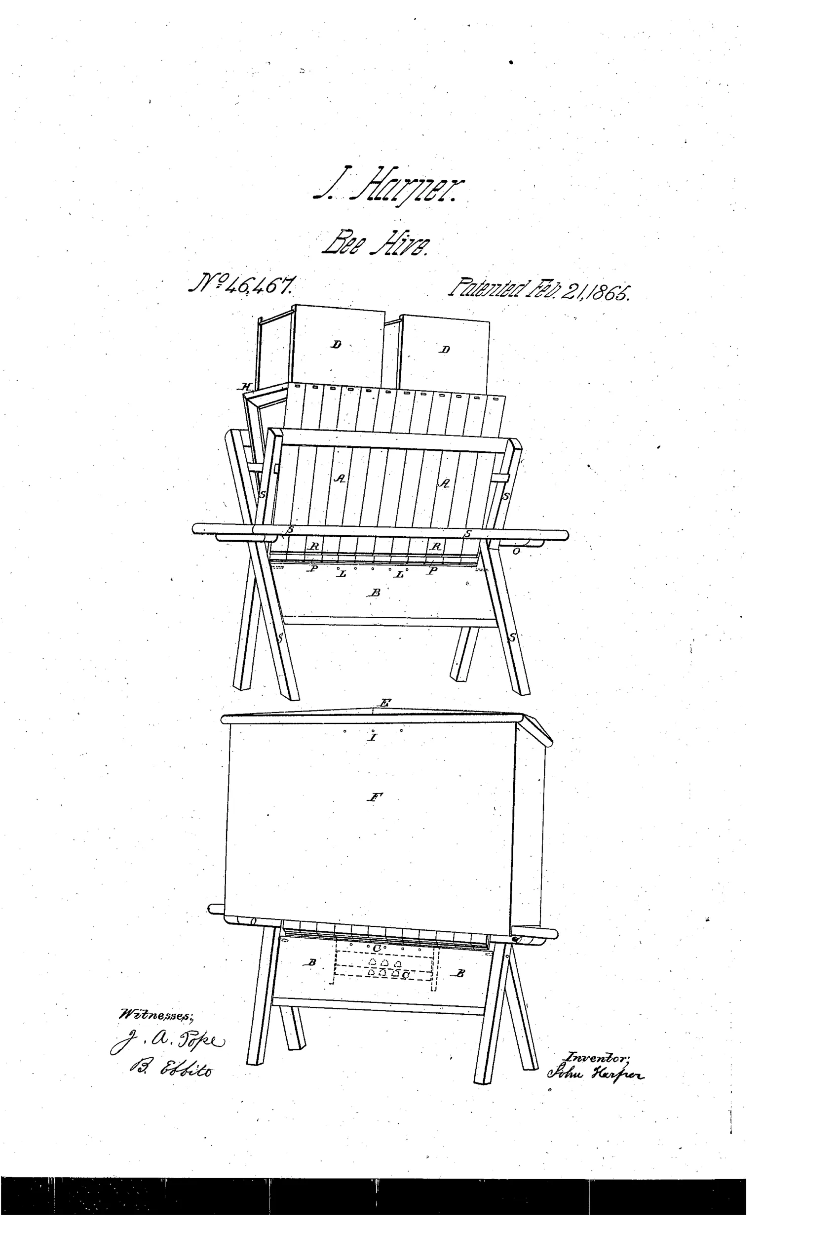 Patent drawing of a wooden beehive showing a bank of triangular comb-bearer frames mounted on an X-shaped trestle stand, with two honey boxes on top, and below it a separate hinged-roof house covering a similar stand.