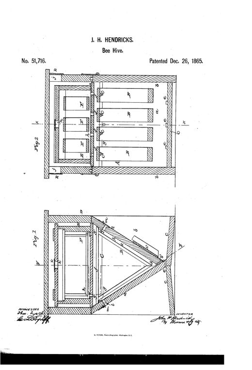 Two patent line drawings of a wooden beehive: the top figure shows a rectangular outer box with an inner box holding several rectangular comb-frames labeled with letters, and the bottom figure shows a triangular cross-section with a V-shaped comb-frame and inclined alighting boards.
