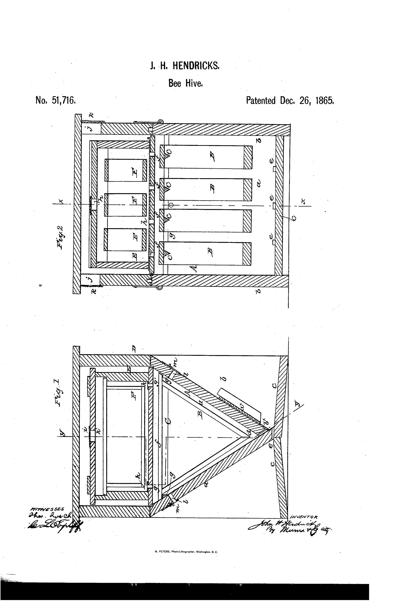 Two patent line drawings of a wooden beehive: the top figure shows a rectangular outer box with an inner box holding several rectangular comb-frames labeled with letters, and the bottom figure shows a triangular cross-section with a V-shaped comb-frame and inclined alighting boards.