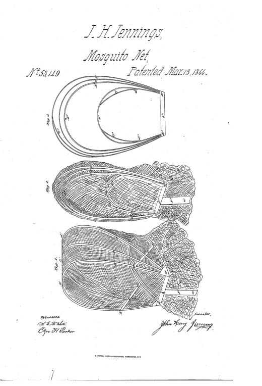 Patent drawing showing a hinged, elastic bow-frame mosquito net in three views: assembled and worn over the head with netting attached, folded flat for portability, and the bare wire frame with braces and hinge joints without netting.