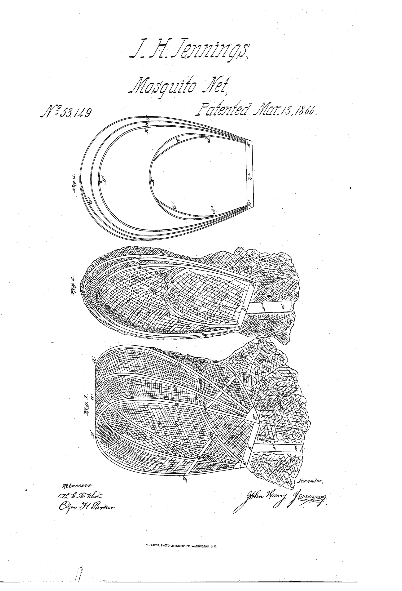 Patent drawing showing a hinged, elastic bow-frame mosquito net in three views: assembled and worn over the head with netting attached, folded flat for portability, and the bare wire frame with braces and hinge joints without netting.