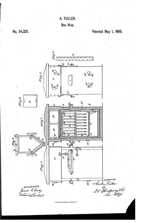 Patent drawing showing a wooden bee-hive with a front elevation, a cutaway side section revealing suspended frames and sloping funnel-shaped sides, a small perforated honey-board, and a detached perforated slide plate labeled Fig. 4.