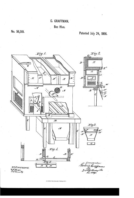 A perspective drawing of a wooden beehive on four legs, showing a front porch with sliding door and glass windows, a sloped-roof cap section, and a cutaway revealing an interior pit with slanted metal shelves below a grated floor.