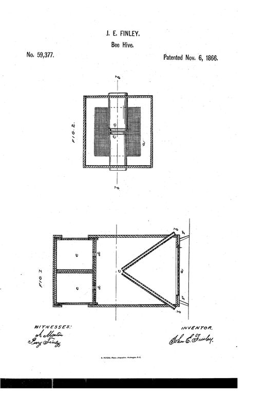 Patent drawing of a wooden bee hive: Figure 1 shows a side section with a V-shaped entrance tube leading to a divided honeycomb chamber raised on angled leg supports, and Figure 2 shows a top sectional view of a cylindrical ventilator tube surrounded by wire mesh screening set into a square frame.