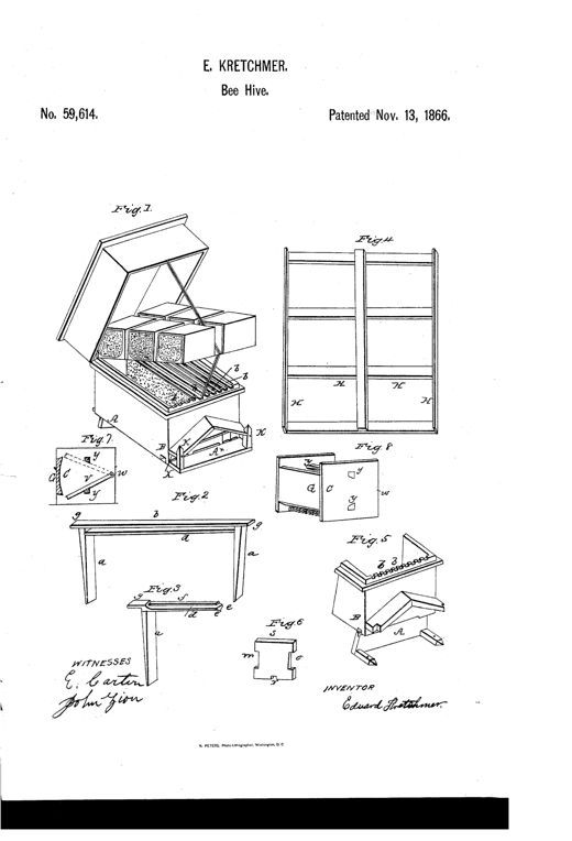 Patent drawing sheet showing an open wooden beehive with lifted lid revealing comb sections and a slatted moth-trap floor, alongside detail views of a comb-holder frame, a sliding swarming-guard block, and a reversible entrance-protector with swinging bars.