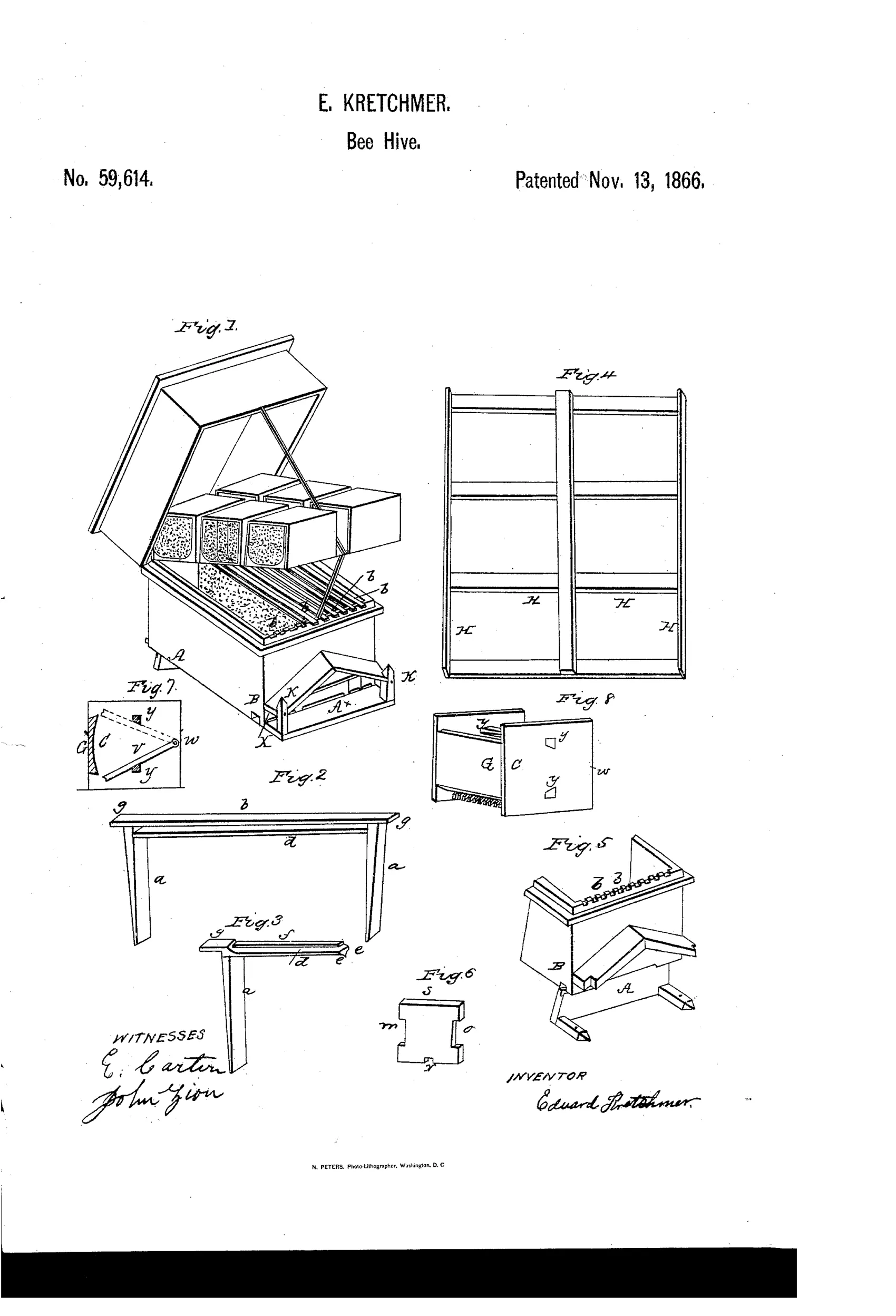 Patent drawing sheet showing an open wooden beehive with lifted lid revealing comb sections and a slatted moth-trap floor, alongside detail views of a comb-holder frame, a sliding swarming-guard block, and a reversible entrance-protector with swinging bars.